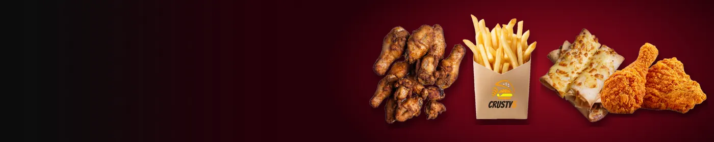 Crusty5 starters on a crimson background: chicken wings, fries, spin rolls and fried chicken