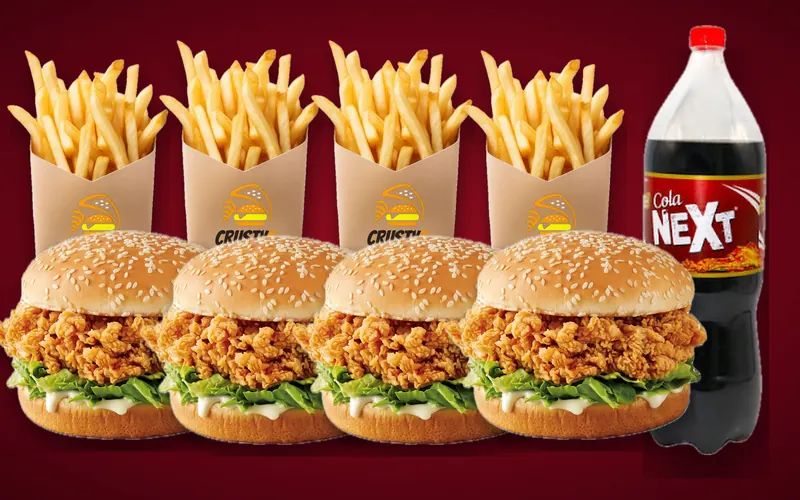 Family Special deal from Crusty5: 4 Crusty Spicy Burger, 4 Regular Fries and 1 Drink 1.5 Ltr
