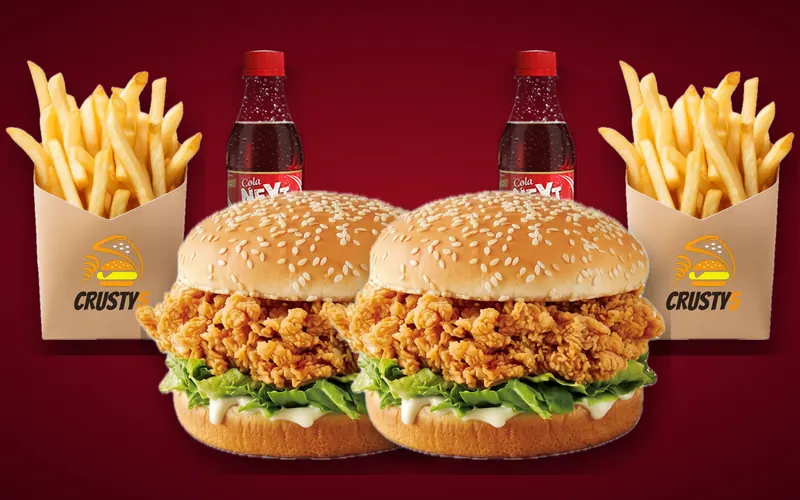 Treat For-2 deal from Crusty5: 2 Crusty Spicy Burger, 2 Regular Fries and 2 Drinks 250ml