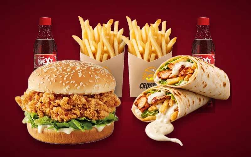 Twin Deal from Crusty5: 1 Crusty Spicy Burger, 1 Wrap, 2 Regular Fries and 2 Drinks 250ml