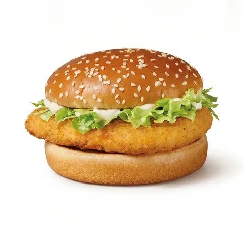 Chicken "n" Crisp burger from Crusty5 — crisp fillet, cold crunchy lettuce, creamy mayo, toasted sesame bun
