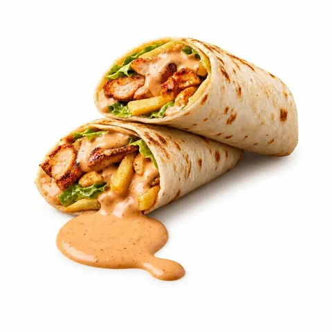 Chipotle wrap from Crusty5 — zinger, lettuce, chipotle sauce, julienne onion and tomato, jalapeño, fries