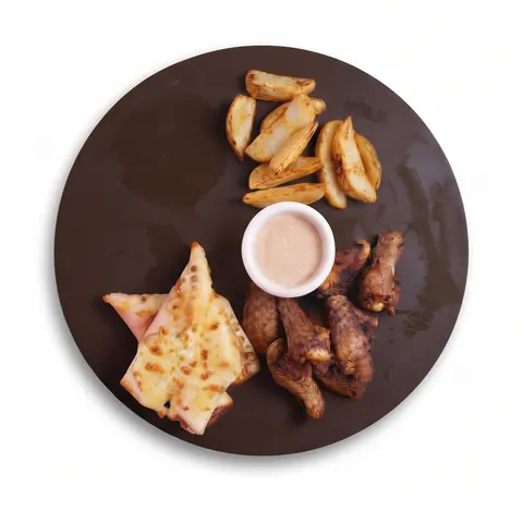 Starter Platter from Crusty5 — 8 pcs wings, 4 chicken spin rolls, fries and wedges, cheesy bites and a dip sauce